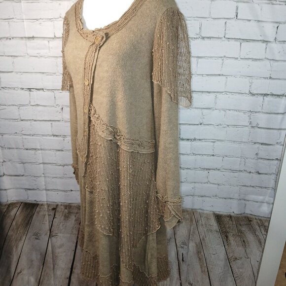 Pretty Angel Dresses & Skirts - PRETTY ANGEL SWEATER DRESS, LACY, ASYMETRICAL DETAILS, TAN,BOHO,  SIZE LARGE